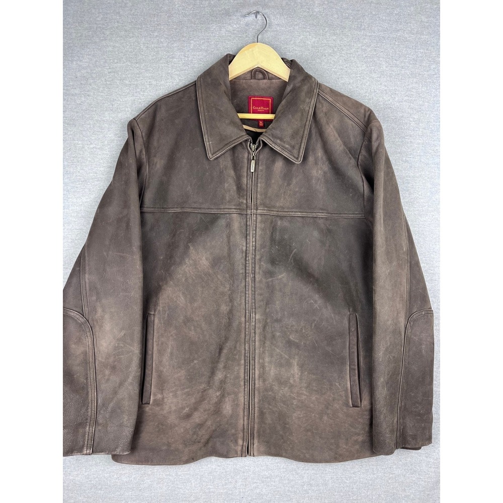 Cole Haan Country Mens XL Brown Leather Jacket Full Zip Cow Skin Bomber Coat